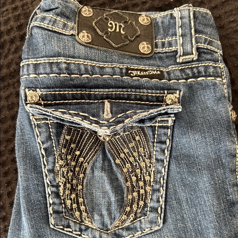 Miss Me Blue Skinny Jeans with Shimmery Wing Design